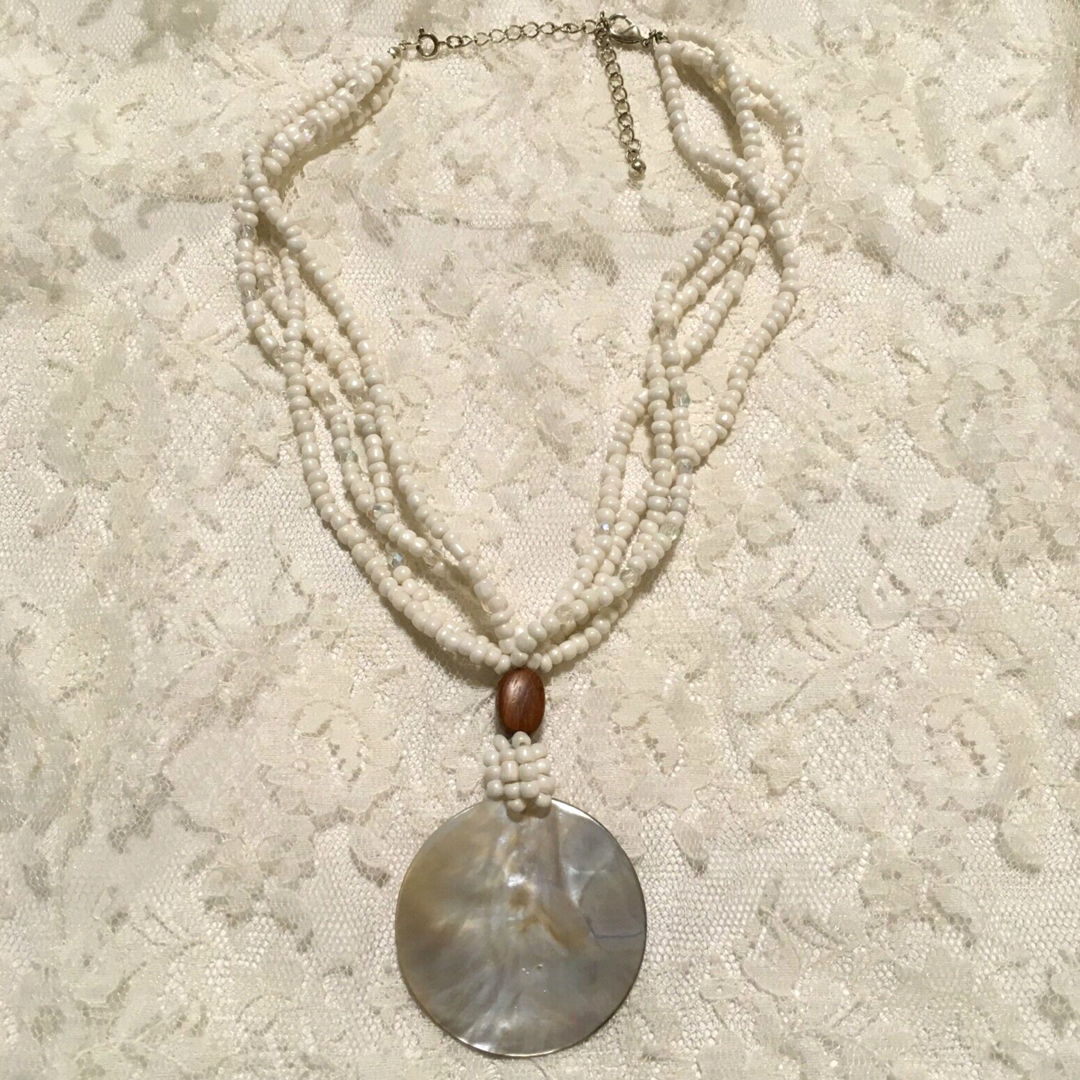 Vintage Avon Mother of Pearl Pendant Necklace White Beads Boho Beachy Statement