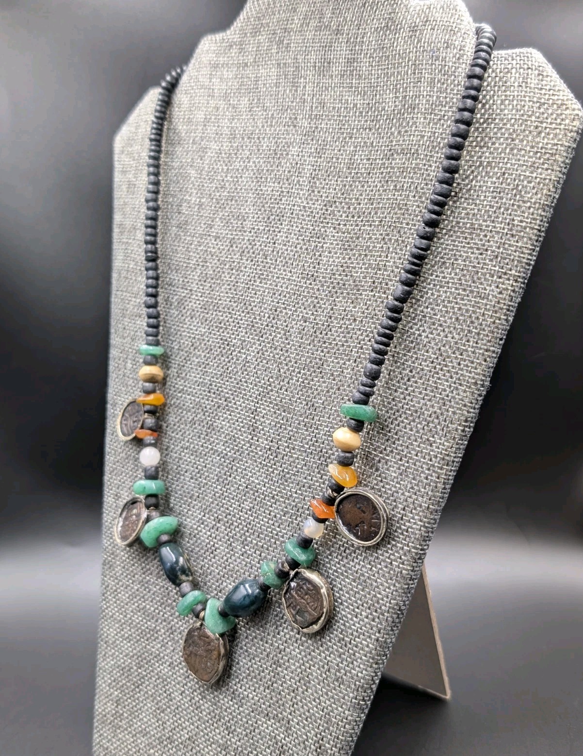 Vtg Ancient Silk Road Islam Mamluk Coin Stone Beads Sterling 925 Clasp Necklace
