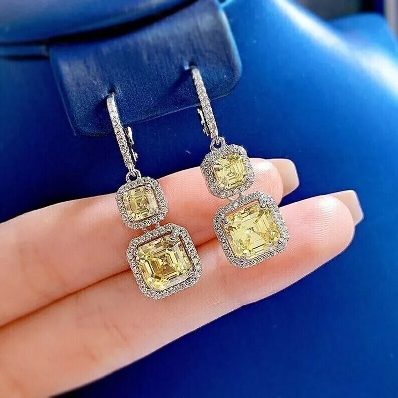 Asscher Cut Citrine Lab Created Diamond Special Engagement 925 Silver Earrings