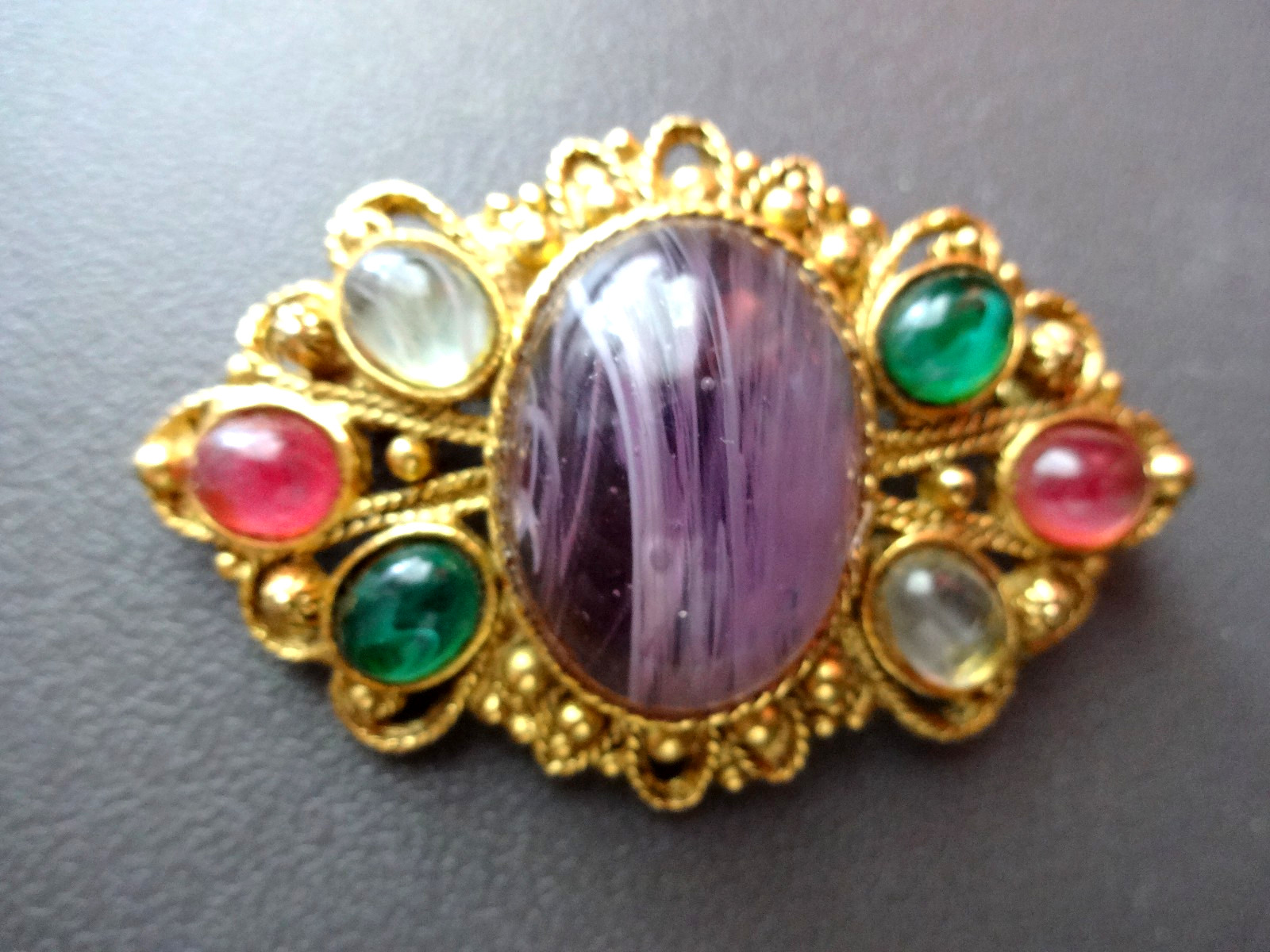 Vtg Gripoix Poured Slag Glass Mogul Multicolor Rhyinestone Jeweled Brooch