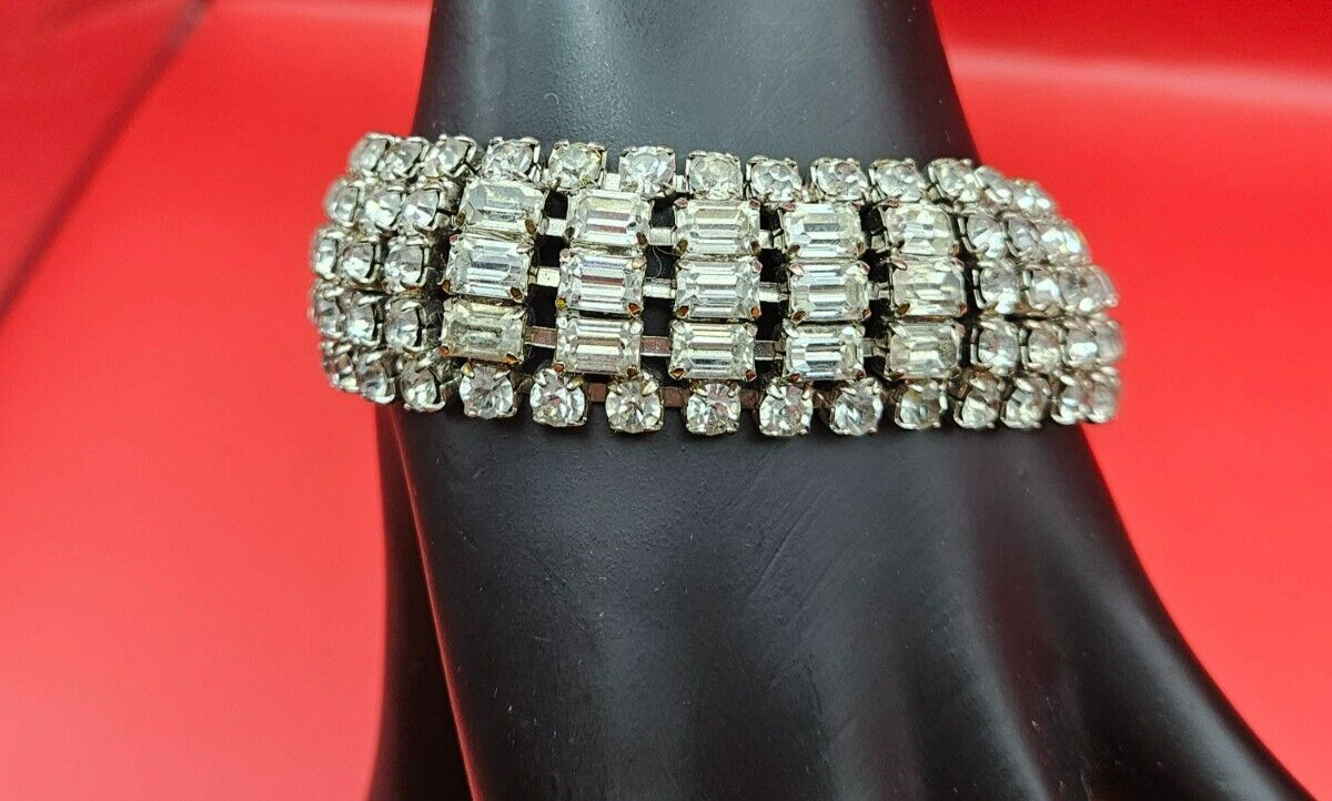 Signed WEISS Five Row ART DECO Emerald Cut and Round Clear Rhinestone Bracelet