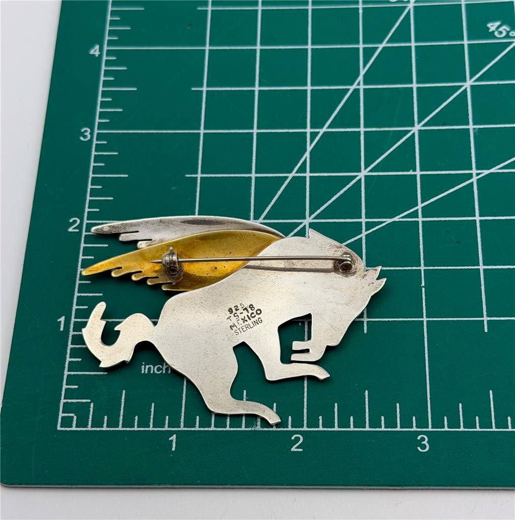 Vintage 925 Sterling Silver & Brass Mexico TS-78 Pegasus Winged Horse Brooch Pin