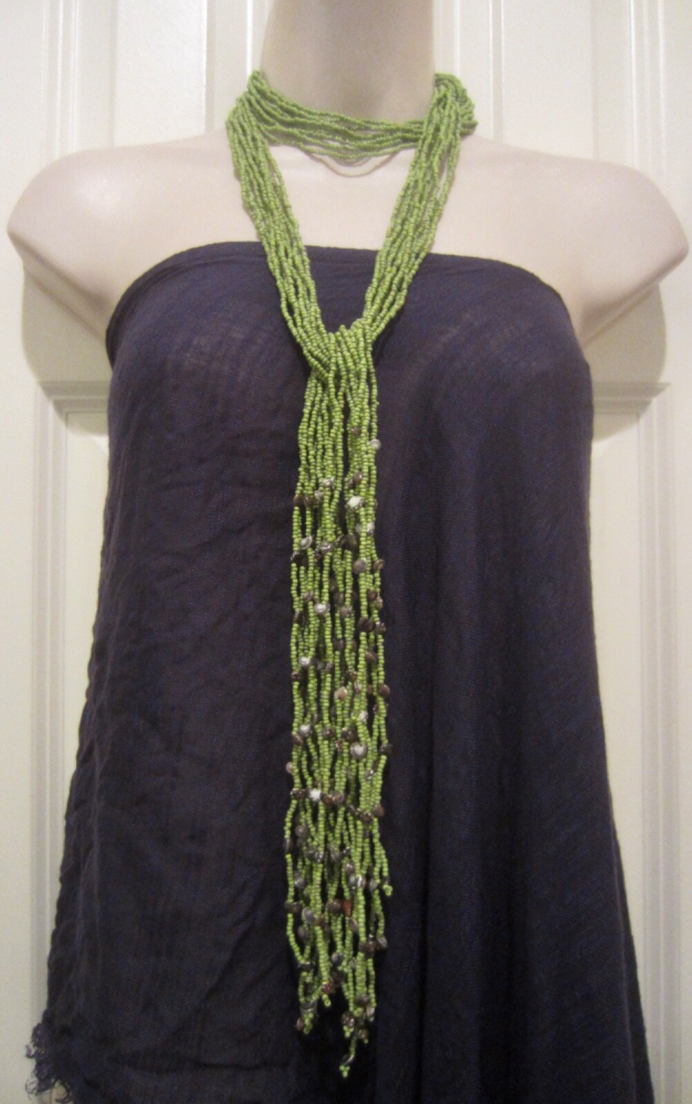 Green Multi-Strand Green Glass Beaded w/ Shells 66″ Long wrap statement Necklace