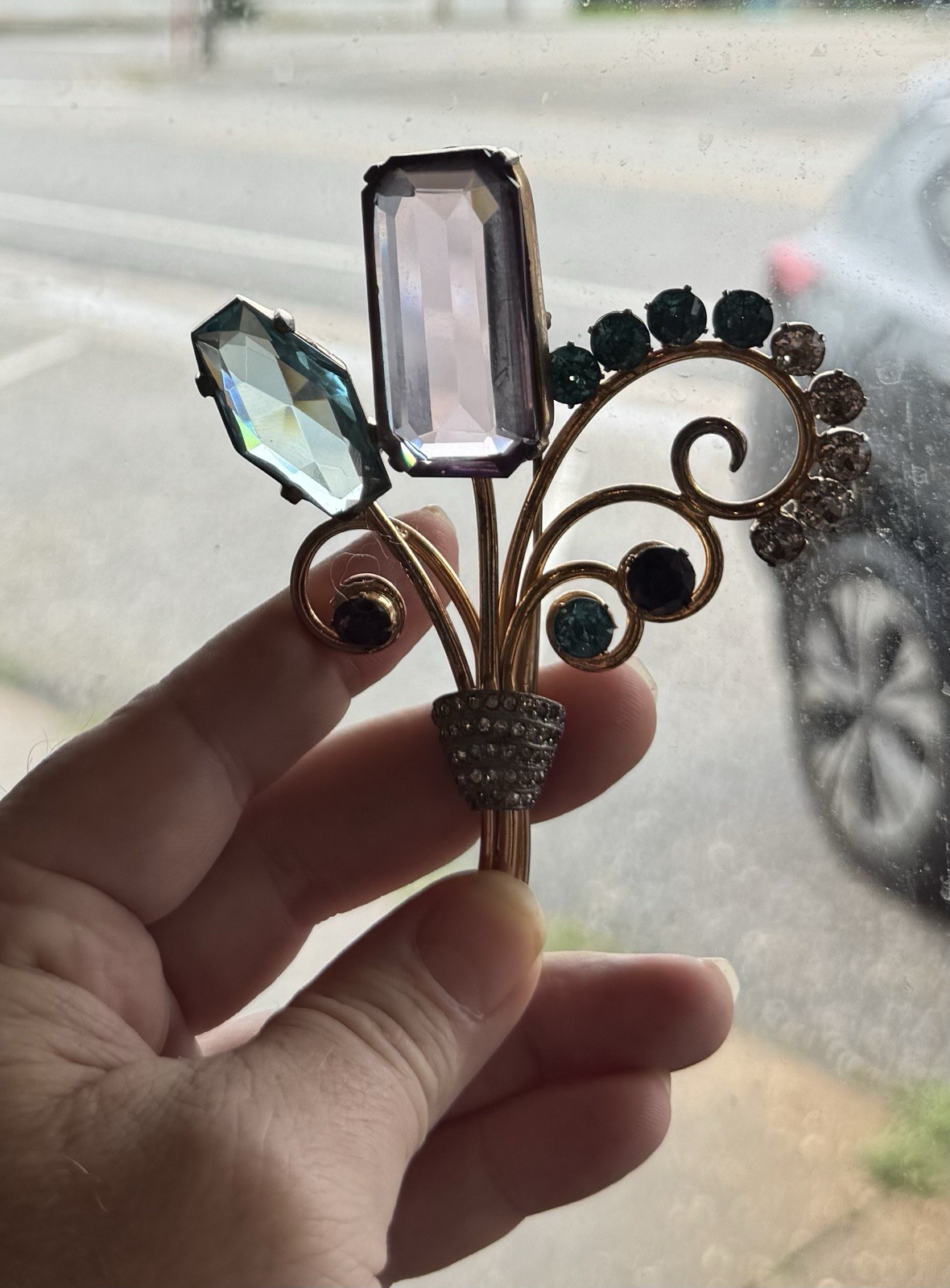 Vintage Les Glass Flower Bouquet Brooch Large Open Back Amethyst Aqua Spray HUGE