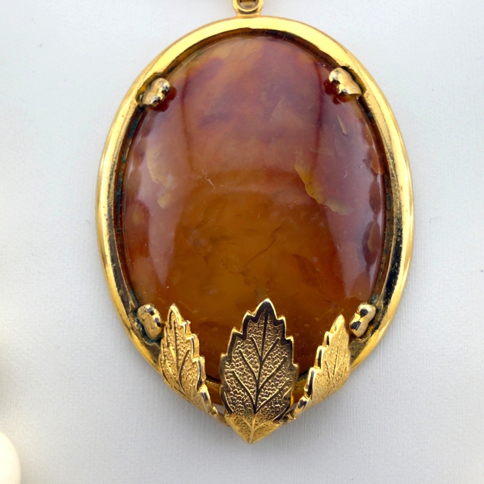 Vintage Glass Cabochon Pendant Necklace Set Orange Brown Beaded Gold Tone