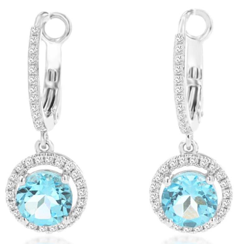 2.16CT DIAMOND & AAA BLUE TOPAZ 14KT WHITE GOLD 3D ROUND HALO HANGING EARRINGS