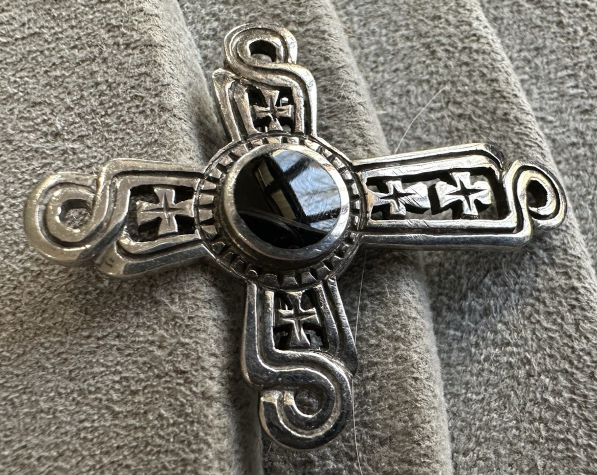 Vintage Sterling Silver Onyx Cross Brooch 2″