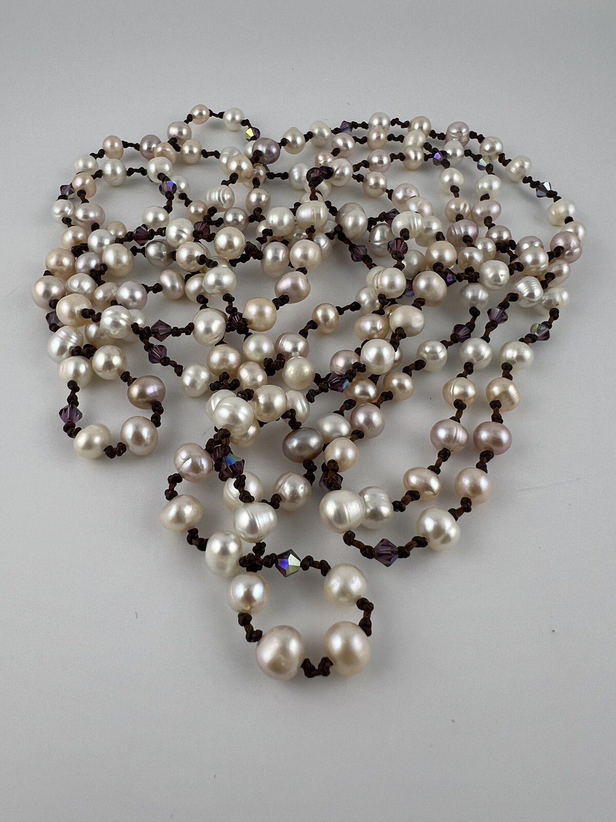 VINTAGE Set of 2 Baroque Pearl Knotted Brown Leather Necklace 20” A53