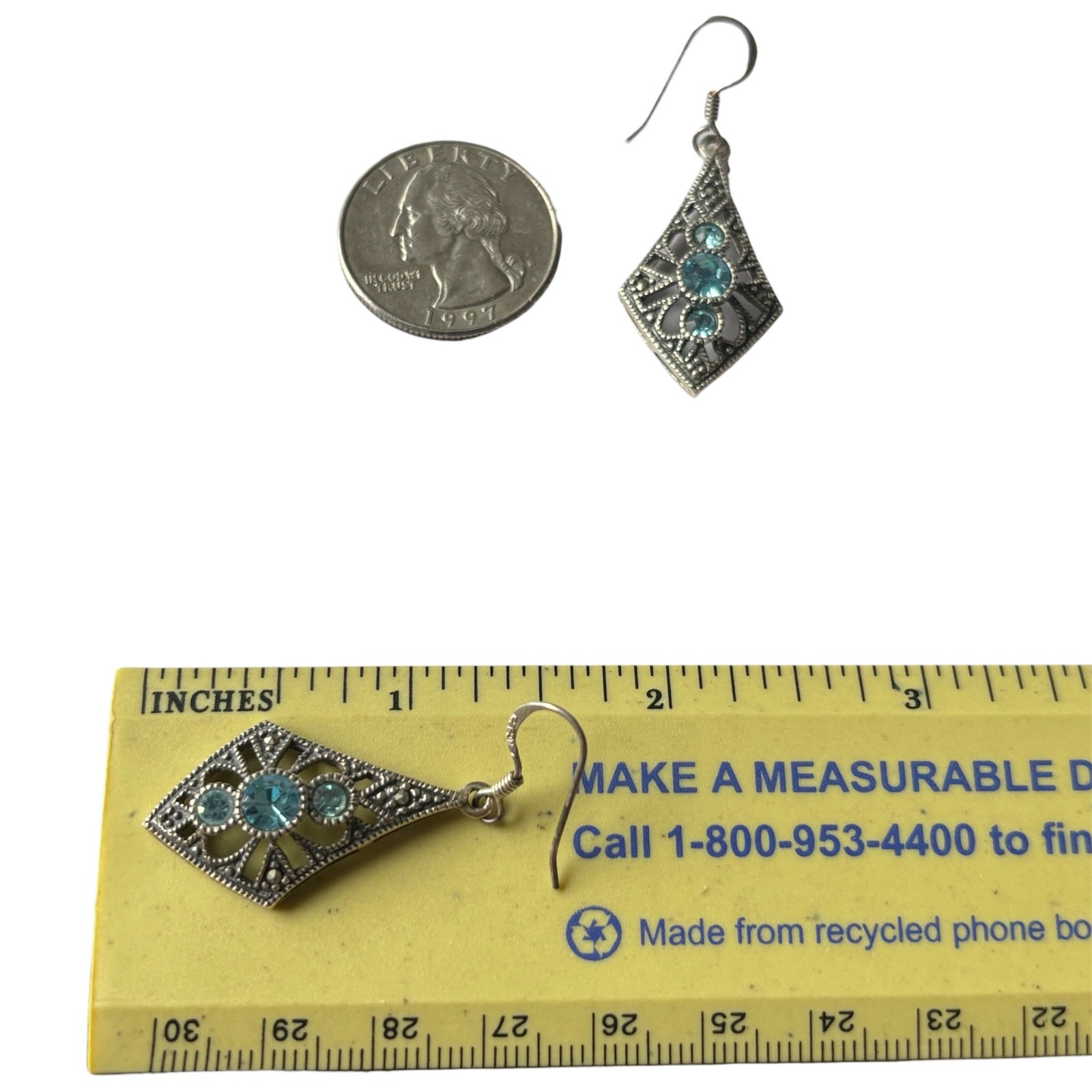 Vintage CW Sterling Silver Marcasite Blue Glass Art Deco Earrings