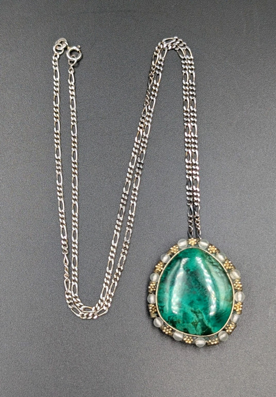 Vtg Sterling Silver Eilat Stone & Glass Beads Pendant/Brooch 22″ Figaro Necklace