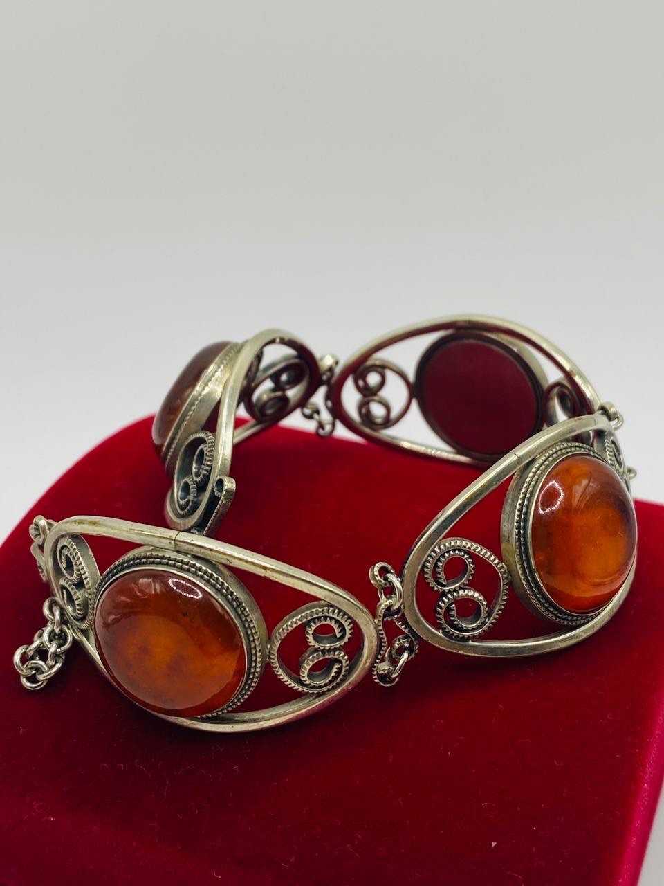 Antique Soviet filigree Chalcedony Silver Bracelet Hand Crafted