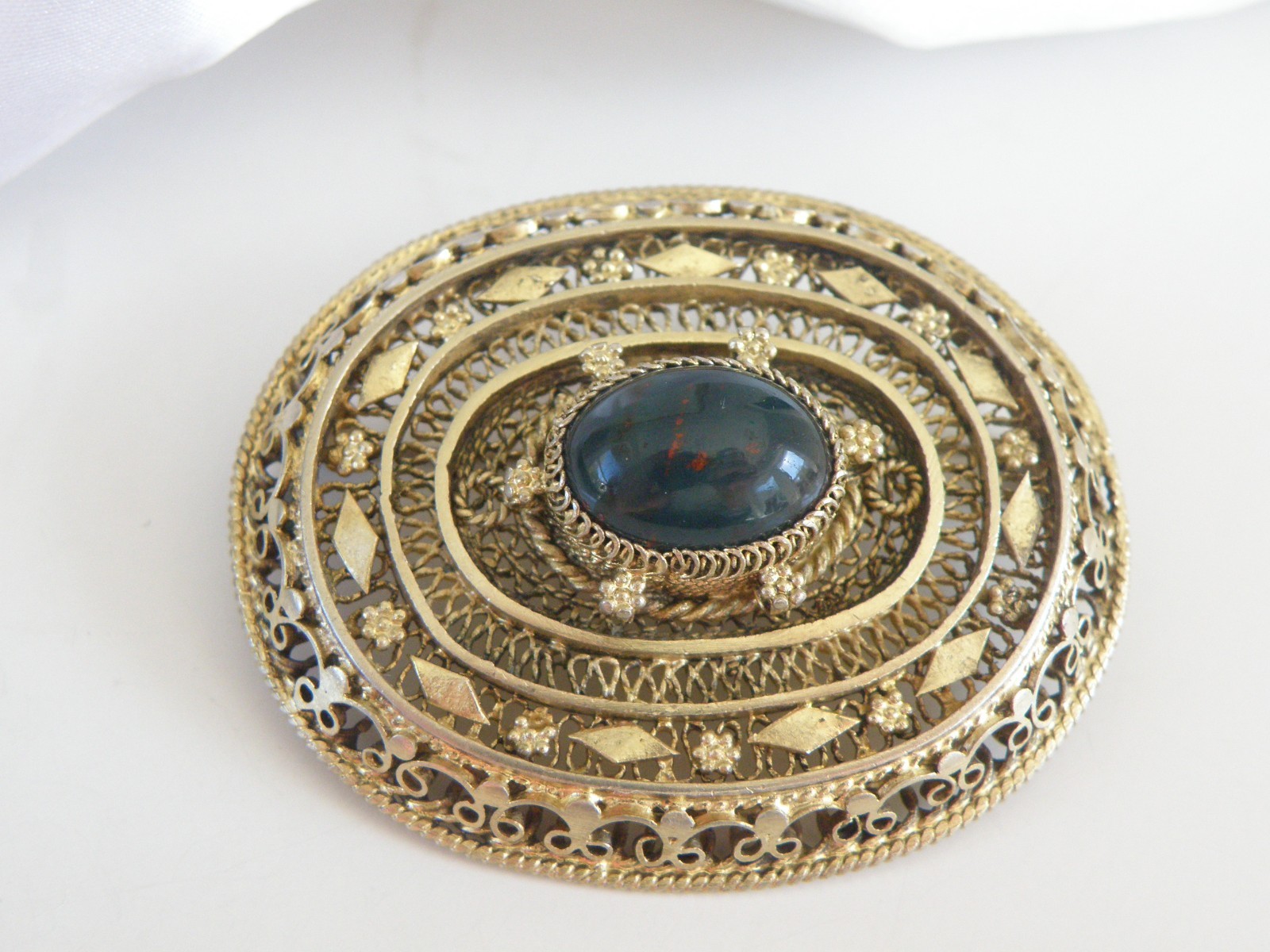 Vintage Silver Gold Plated Natura Bloodstone Large Filigree Brooch