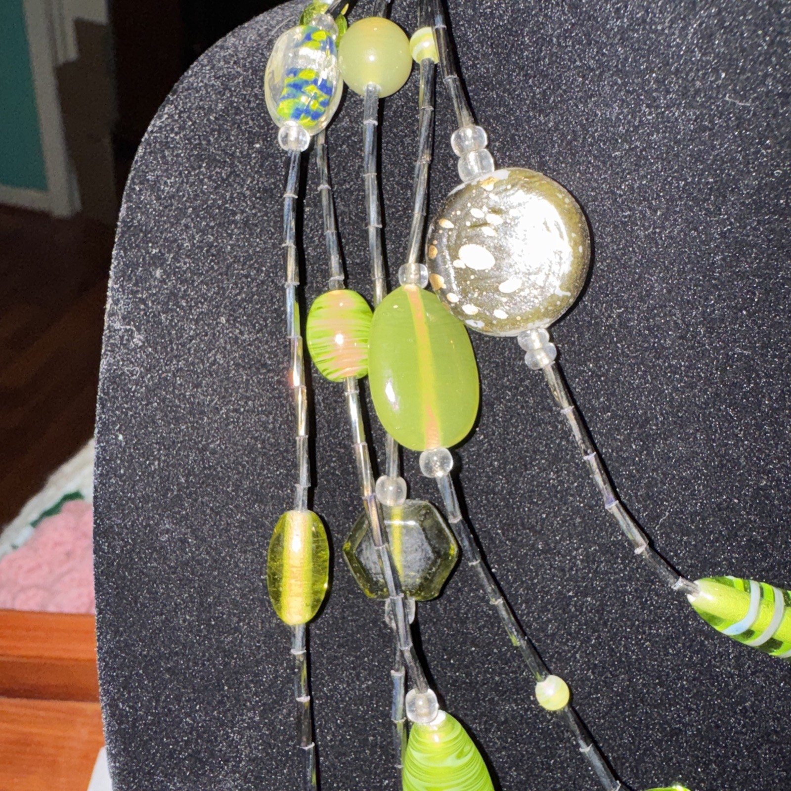 Vintage Chico’s Glass Beaded Green And Gold Colored Necklace 26 In 4 In Extende