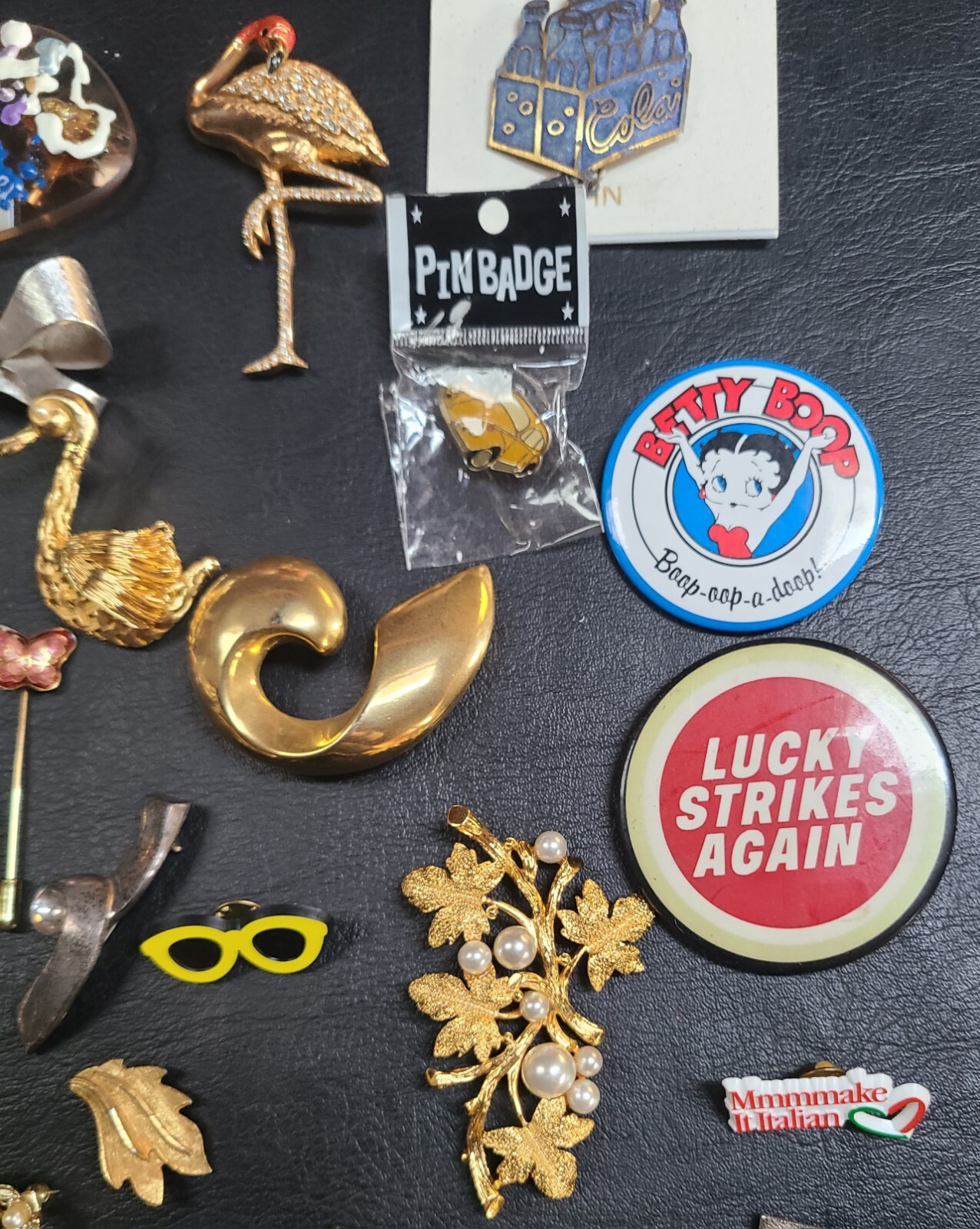 Vintage Costume Jewelry Pin Badge Lot Betty Boop Lucky Strike Flamingo Rhineston