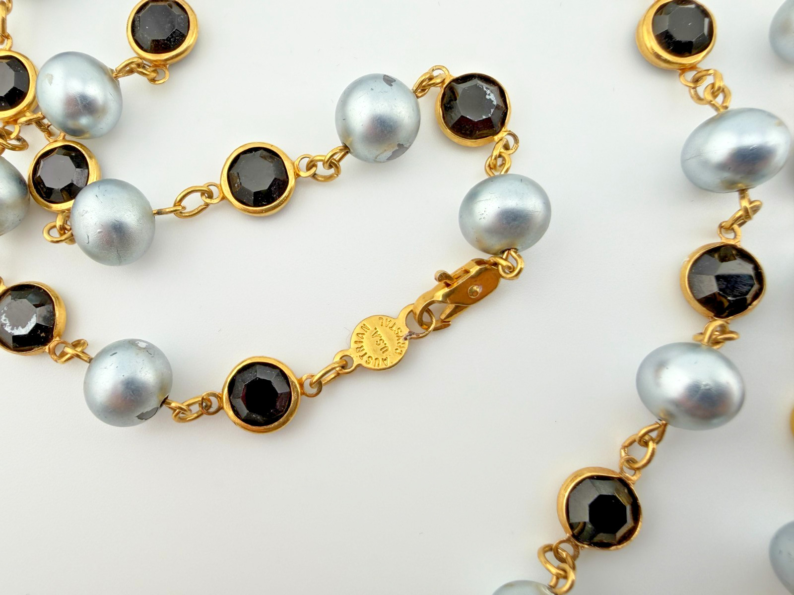Austrian Crystal USA Signed Crystal & Faux Pearl Link Necklace Gold Tone