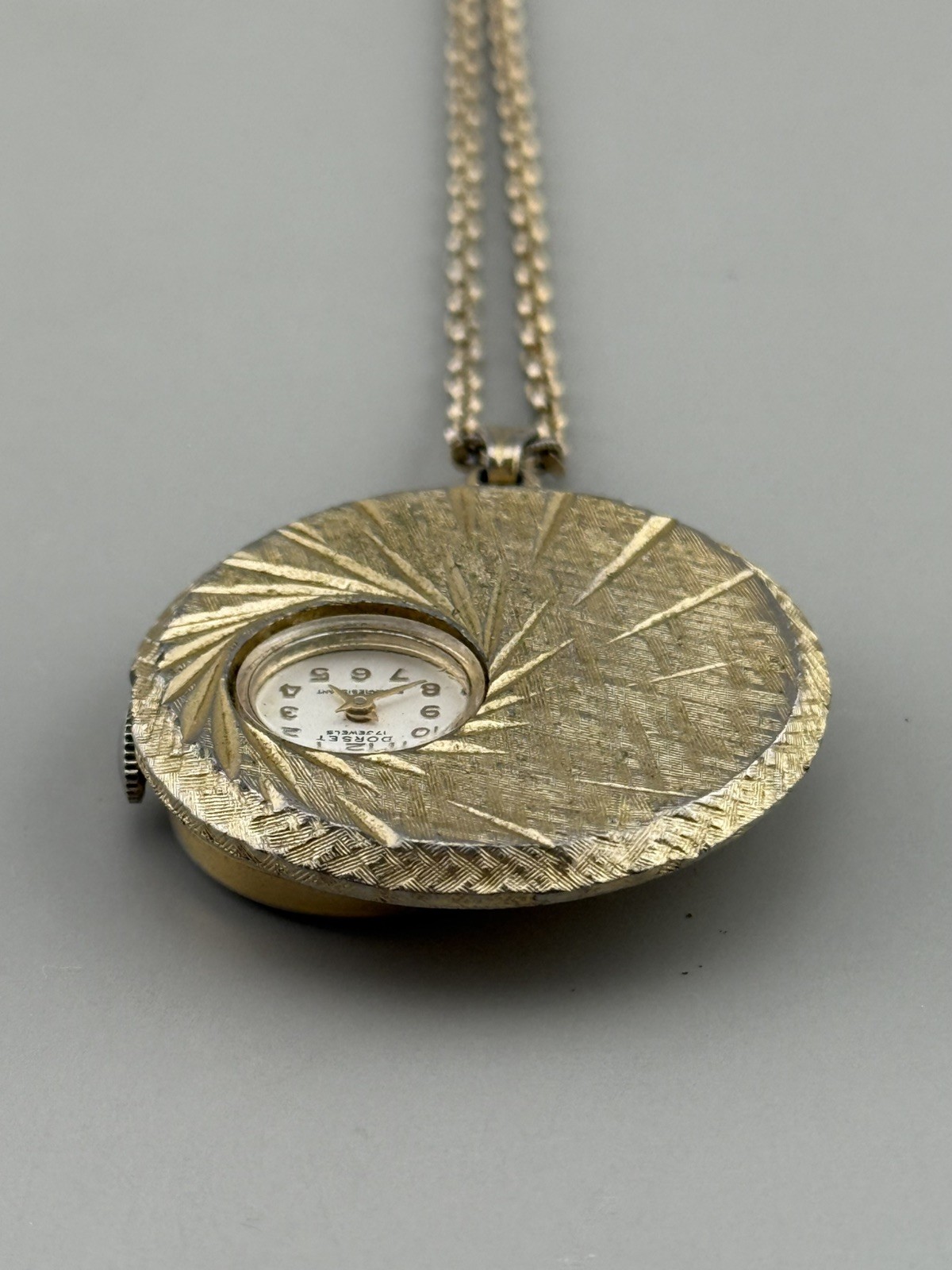 Vintage Dorset Swiss Pendant Watch Mid Century Atomic Starburst Manual 25″ Chain