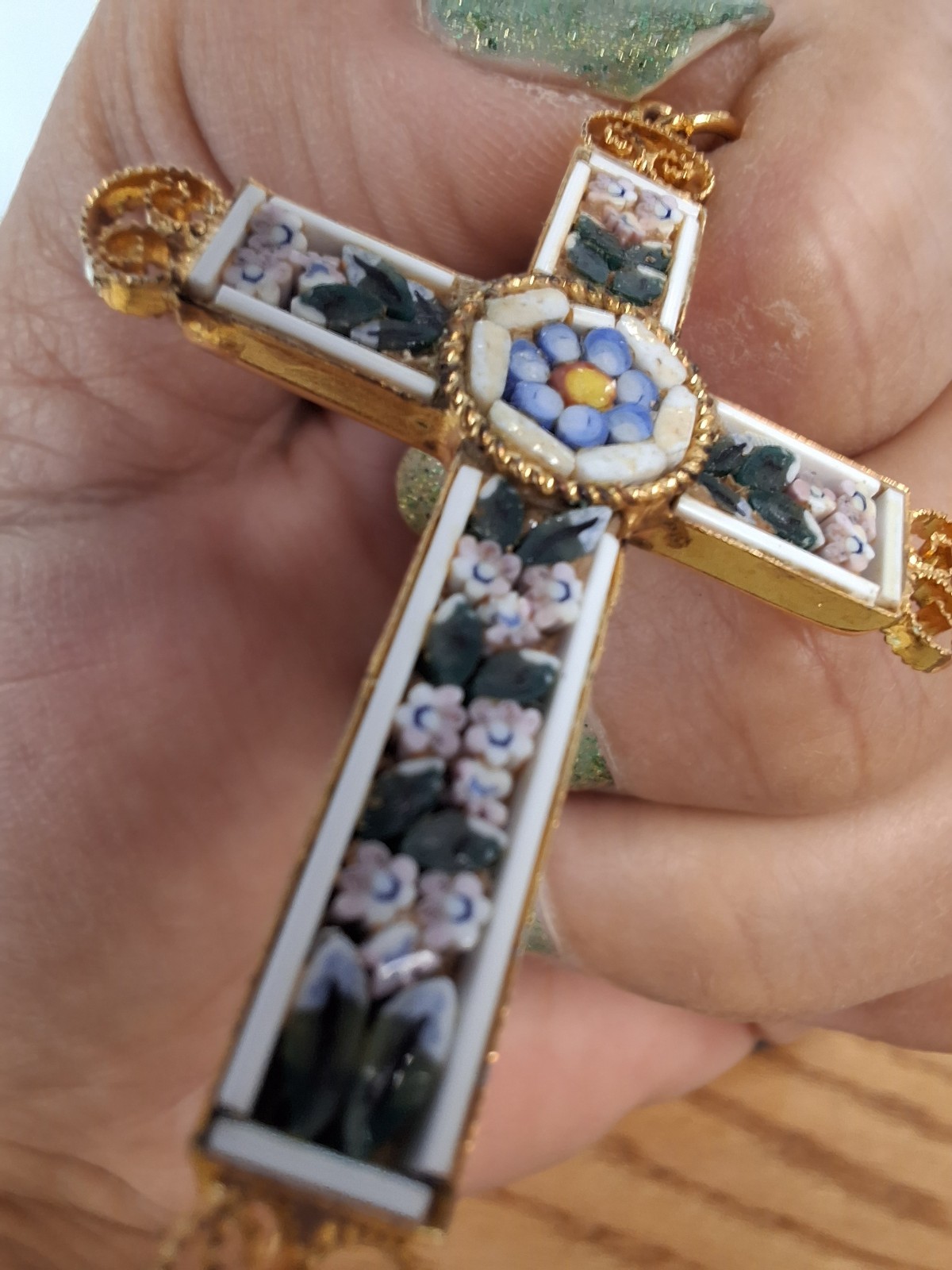 Vintage Italian Signed Micro Mosaic Gold-Plated Filigree Cross Pendant Necklace