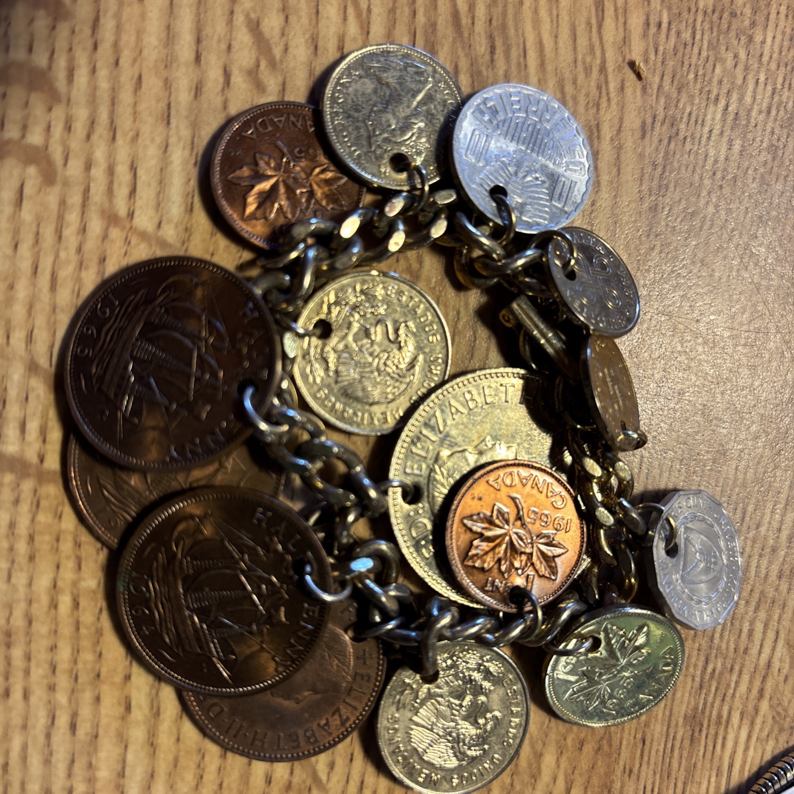 Vintage 15 xx World Coin Charm Bracelet – Mixed Foreign Coins on Gold Tone Chain