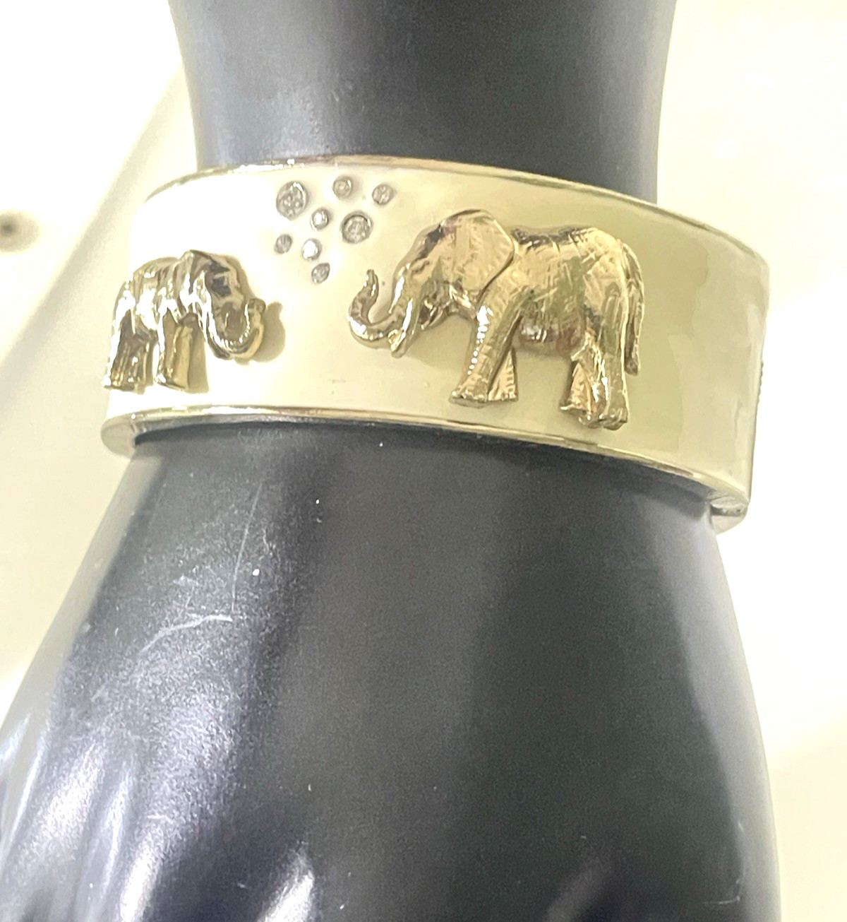 Vintage Enamel Cuff Bracelet Elephants Ivory Goldtone Crystals Hinge Opening