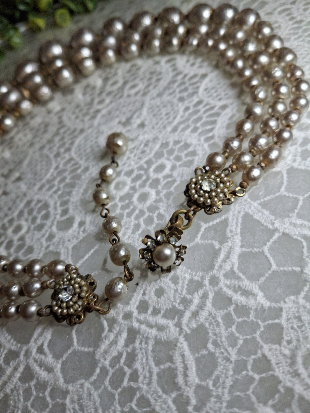 Early Signed Miriam Haskell 3 Strand Silver Niki Baroque Pearl Necklace