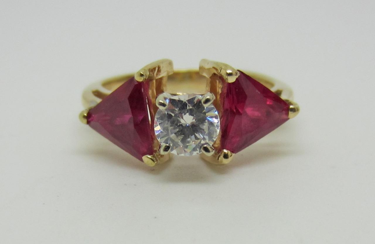 Vintage 14K Yellow Gold Natural Diamond Trillion Synthetic Ruby Ring Size 4.5