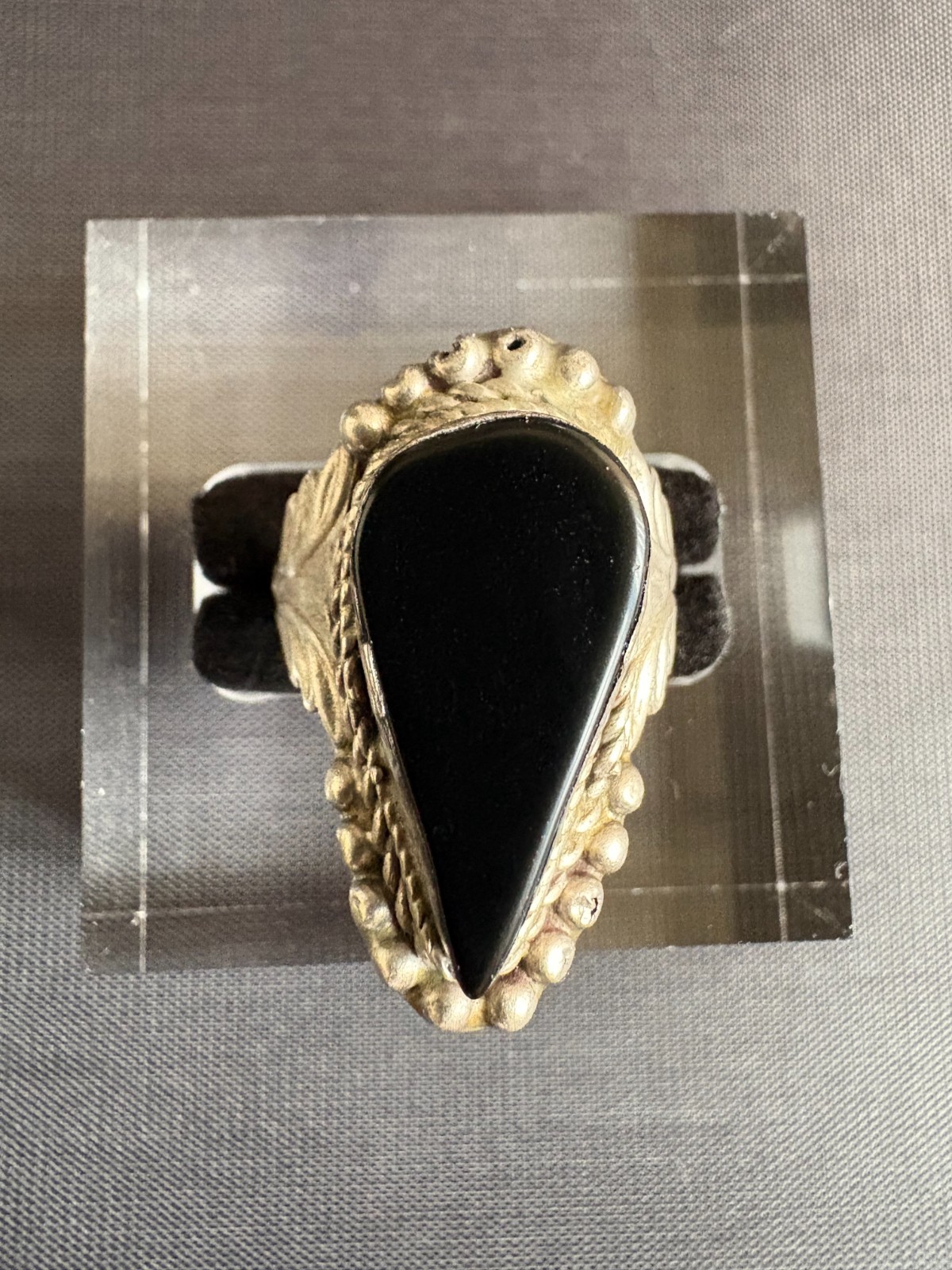 Vintage 925 Sterling Silver Tear Shaped Black Stone Ring Handmade Size 8.25 US