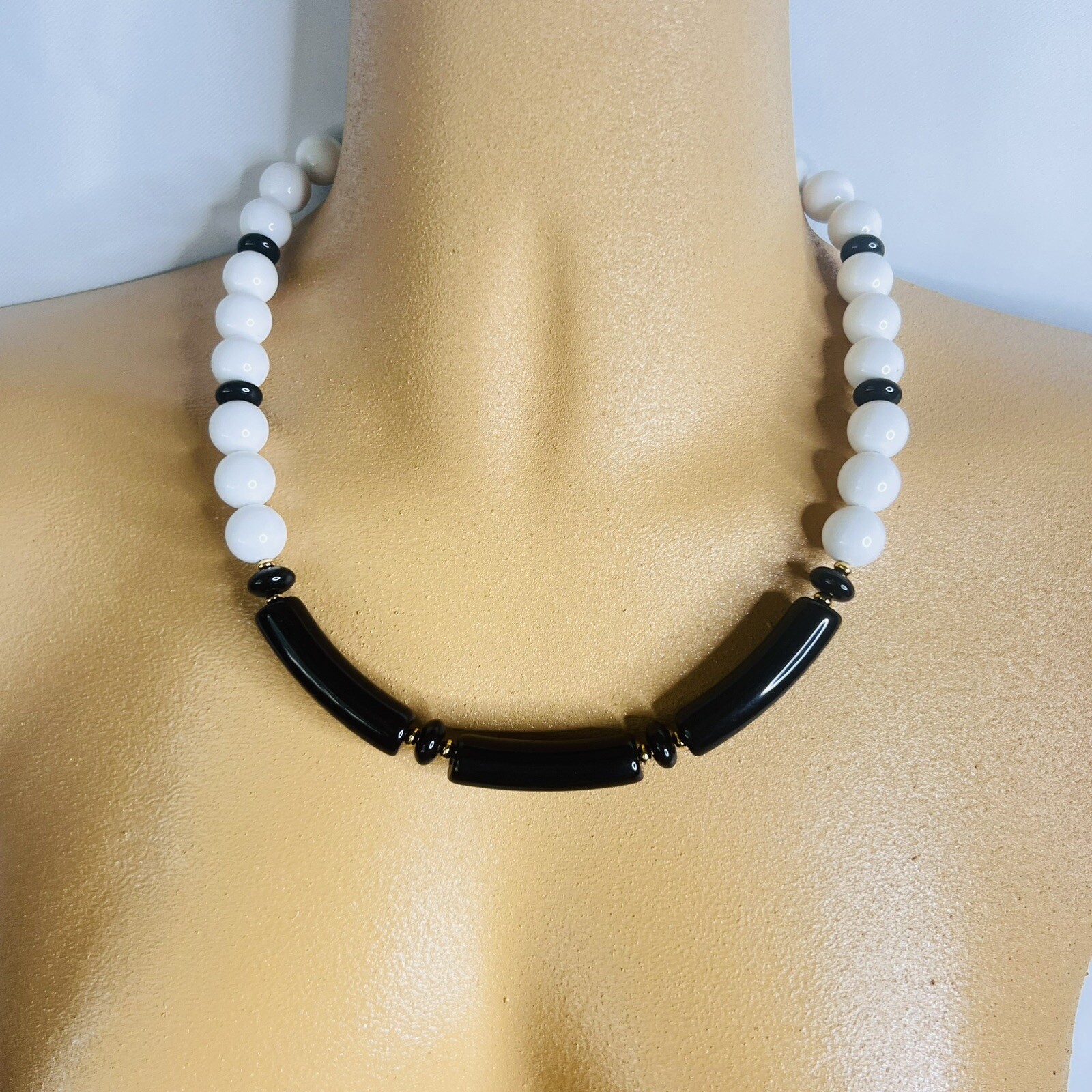 Vintage Monet Necklace White Black Gold Lucite Beads Beaded PRETTY 18” 4674