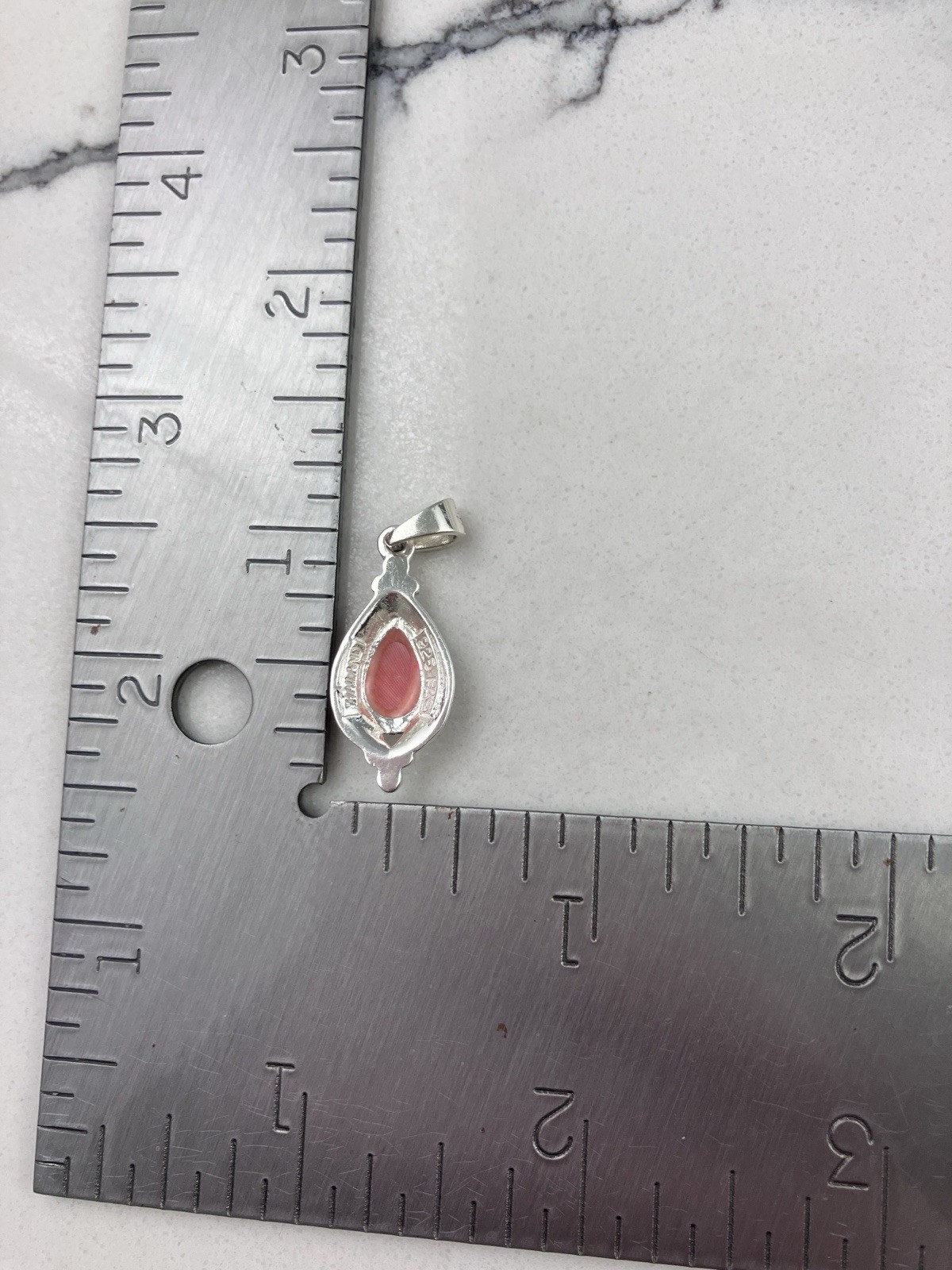 Vintage 925 Sterling Silver Pink Coral Deco Marcasite Teardrop Pendant
