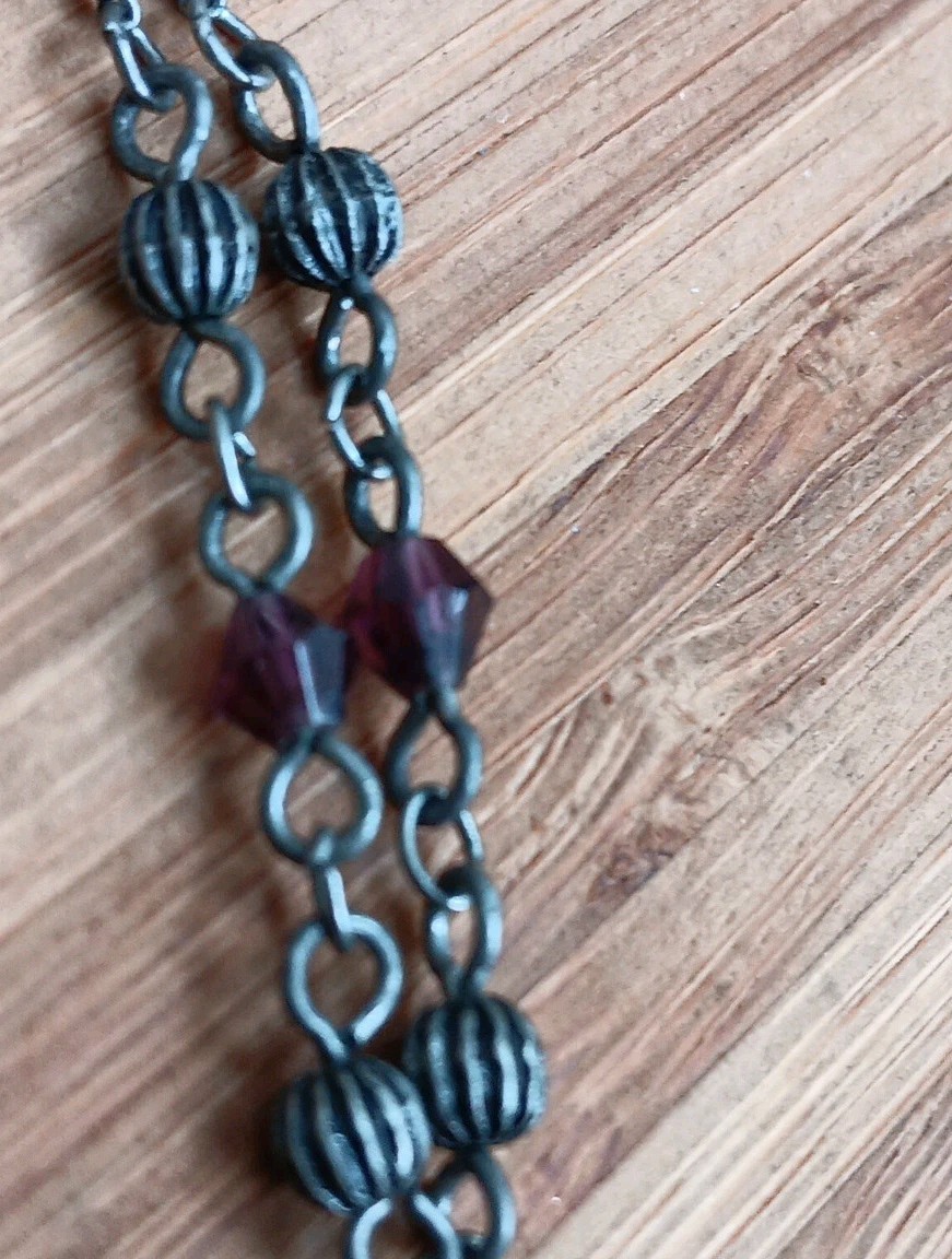 Vintage gunmetal pendant W/ pink rhinestones & purple/pink bead accents, 18-21″
