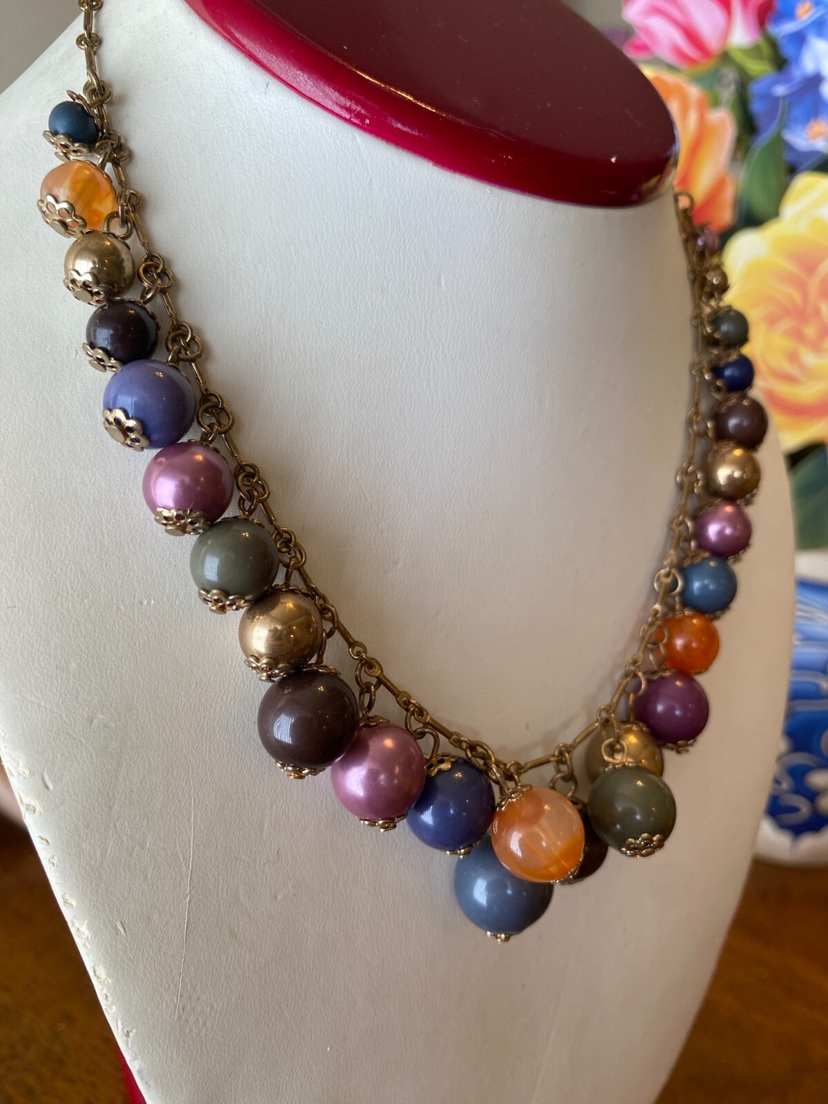 Vintage Colorful Cha-Cha Style Mixed Bead Necklace Gold Plated Bar-Link Chain