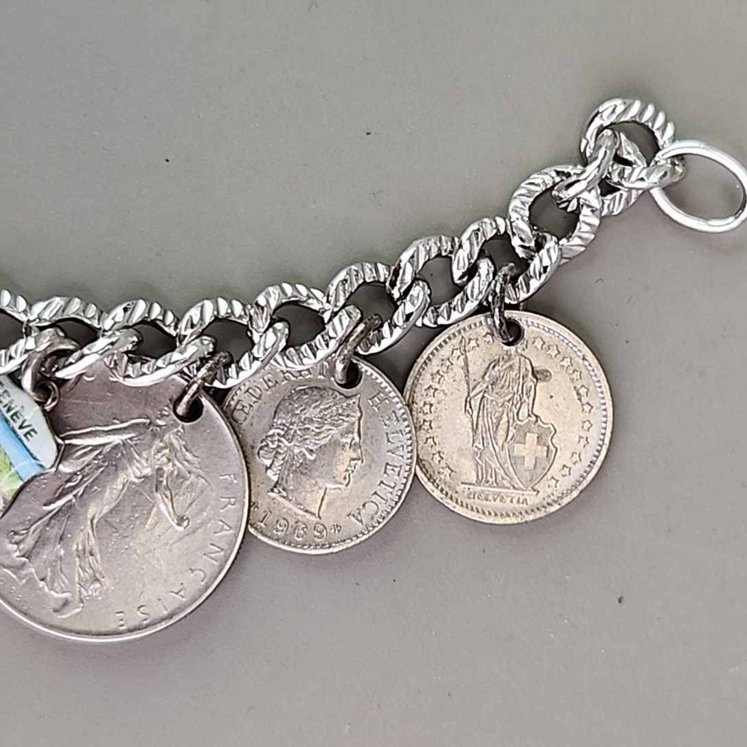 Vintage Coin Charm Bracelet Sterling Silver Plated Souvenir England France Franc