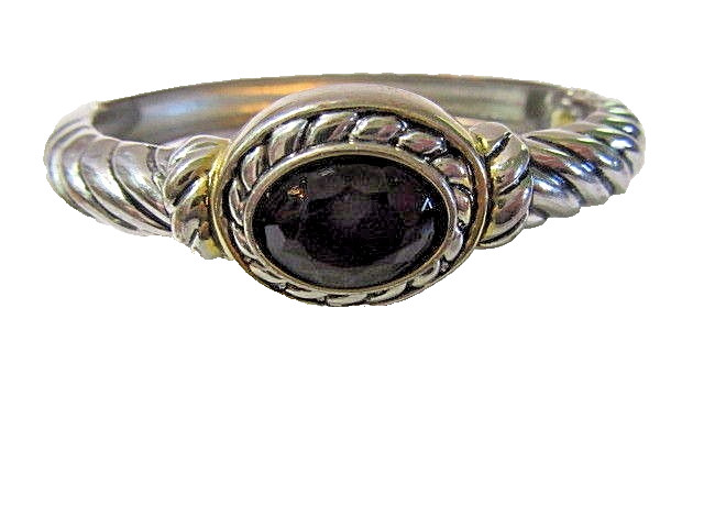 SILVER TONE SCALLOPED CARVED METAL WITH BLACK CABOCHON HINGED CLAMPER BRACELET