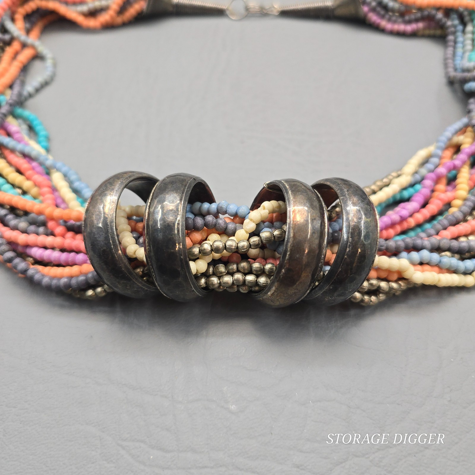 Vintage 19 Strand Multicolor Glass Beaded with Big Metal Rings Necklace 24″ Long