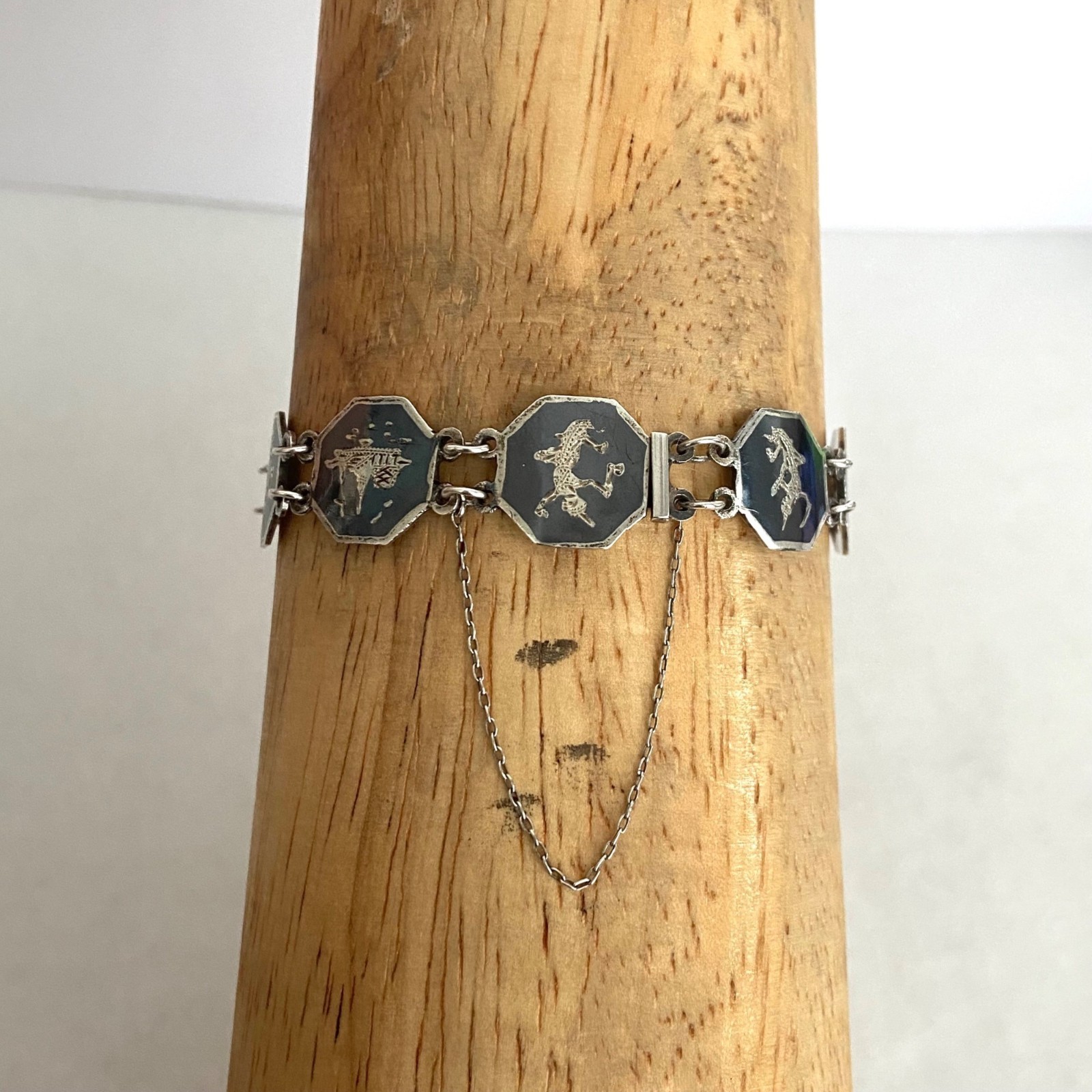 VTG Siam Sterling Silver 925 Niello Black Enamel Panel Bracelet 6.75″