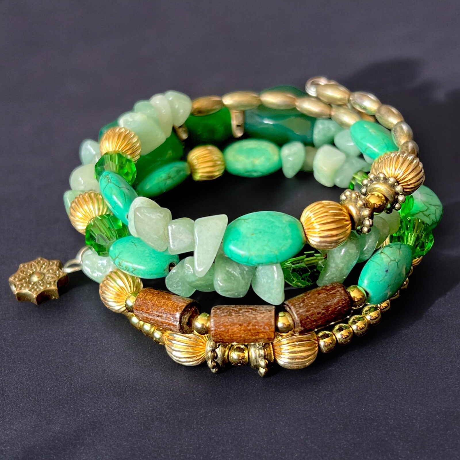 Boho Gemstone Beaded Bracelet Multi-Strand Wrap Wood Turquoise Gold Vintage