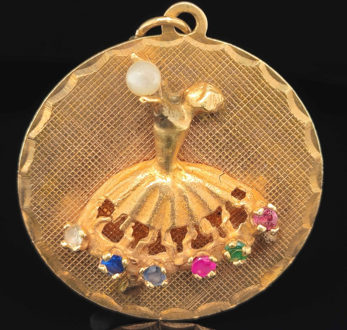 14K Gold JEWELED DANCER Pendant Ruby Sapphire Pearl Vintage Ballerina Ballet