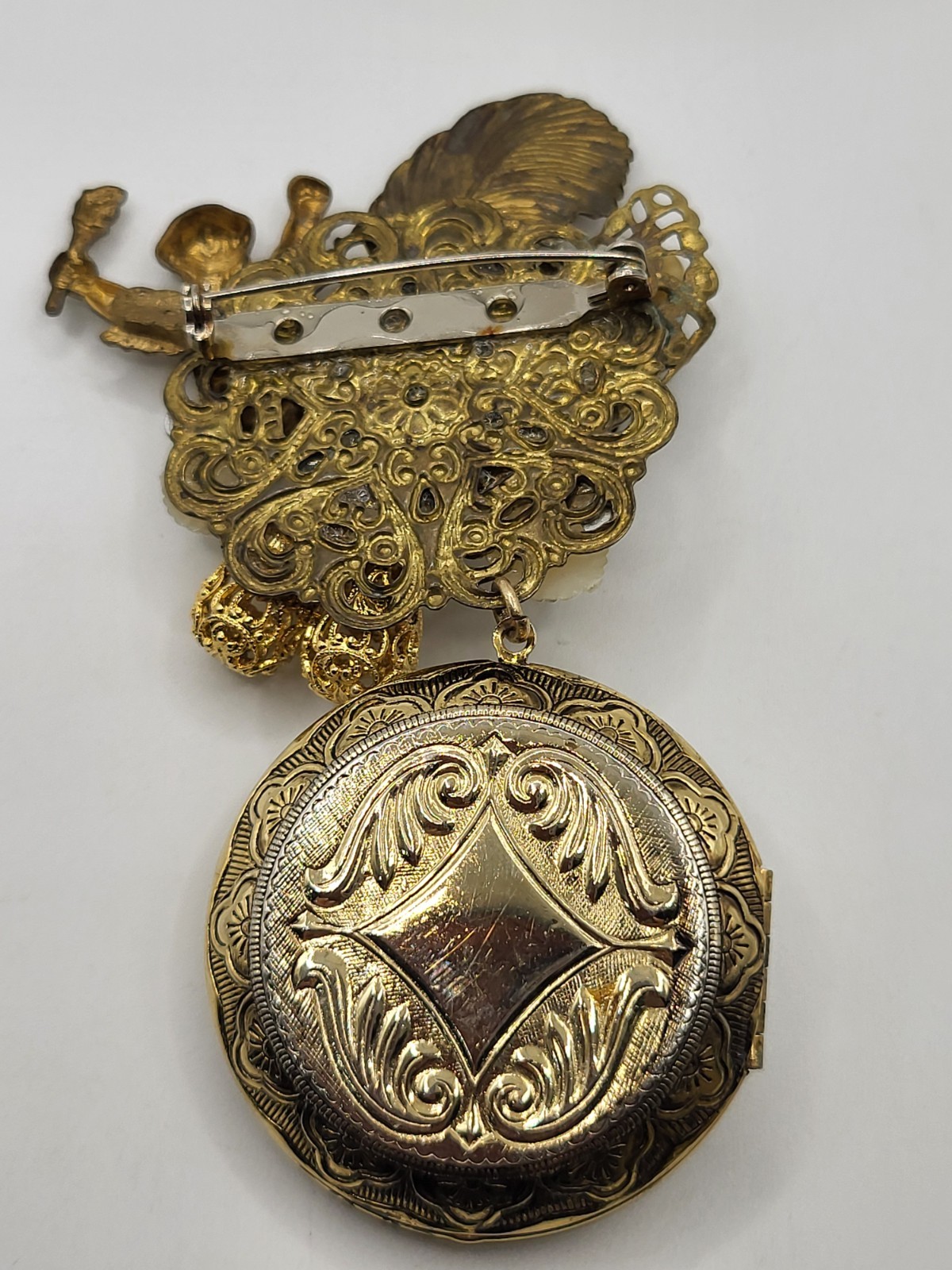 Victorian Revival Gold Tone Ornate Angel Brooch Locket AB Crystals Faux Pearls