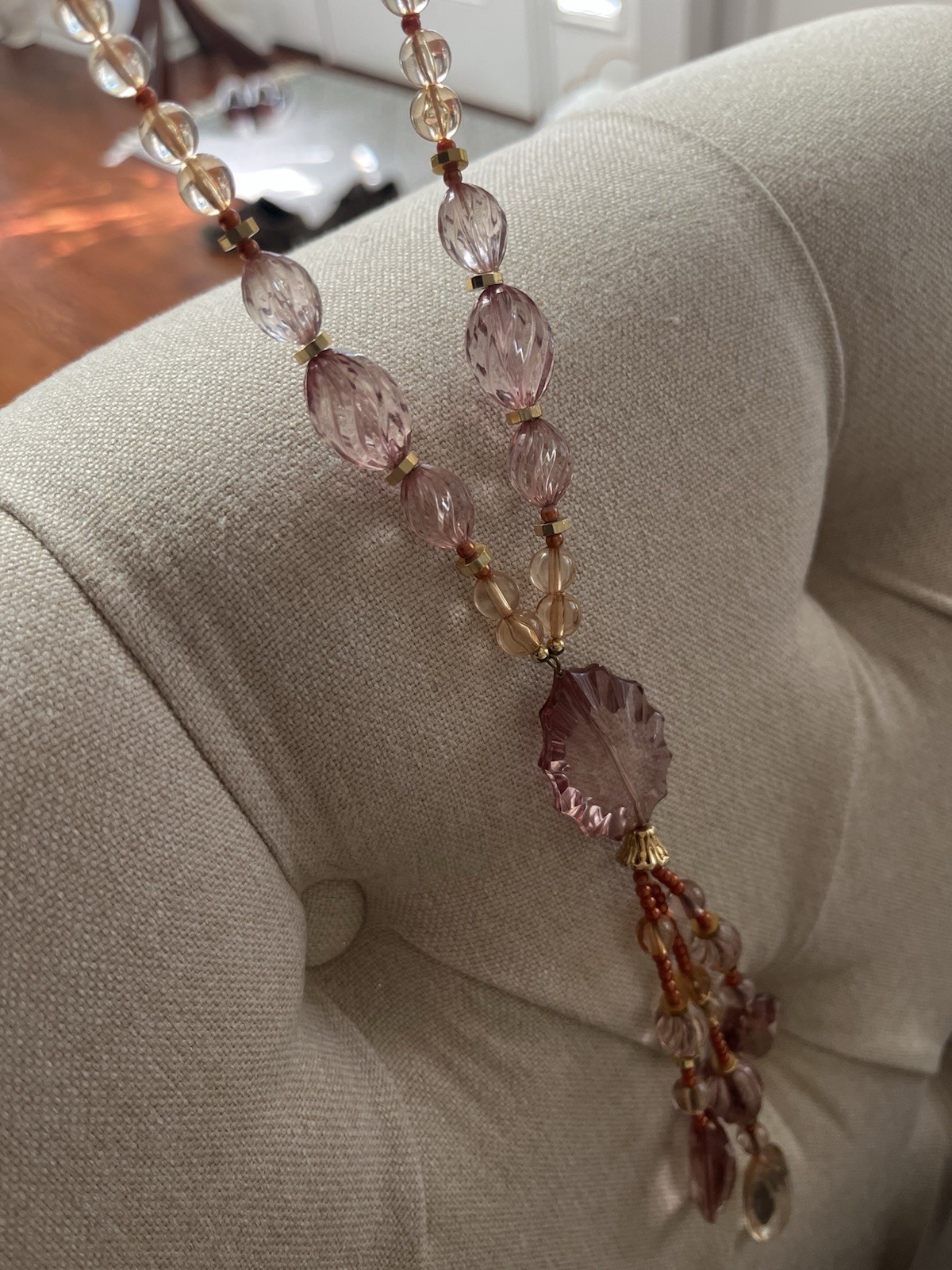 Vintage Lucite Faceted Beaded Blush Pink Tassel Necklace