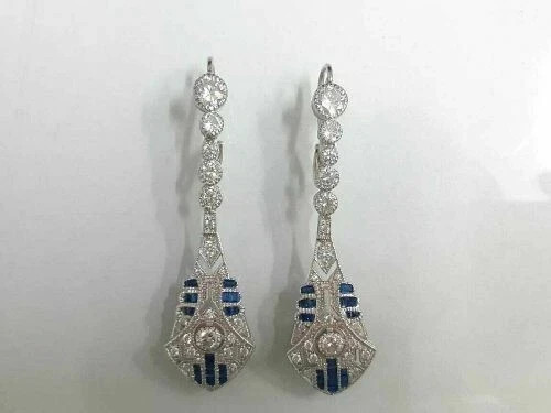 Art Deco Style 925 Silver White Diamond Bridal Drop Dangle Engagement Earrings