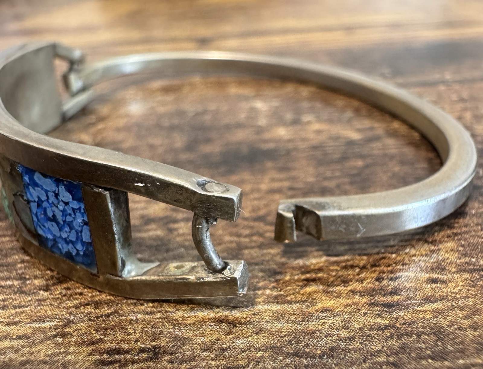 Vintage Taxco Mexico Alpaca Silver Chip Inlay Multi Stone Hinged Bracelet