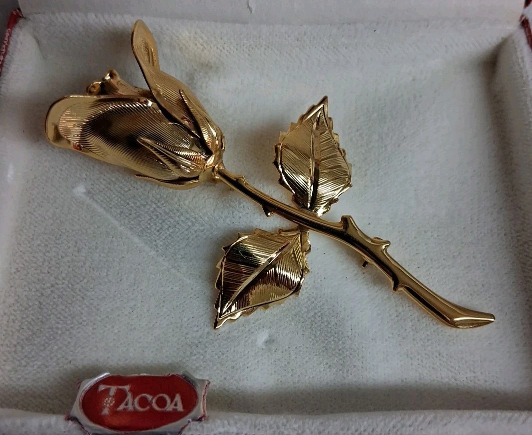 Tacoa Vintage 60s Gold Toned Brooch 3D Rose Box Set Stackable 3″ Retro Statement