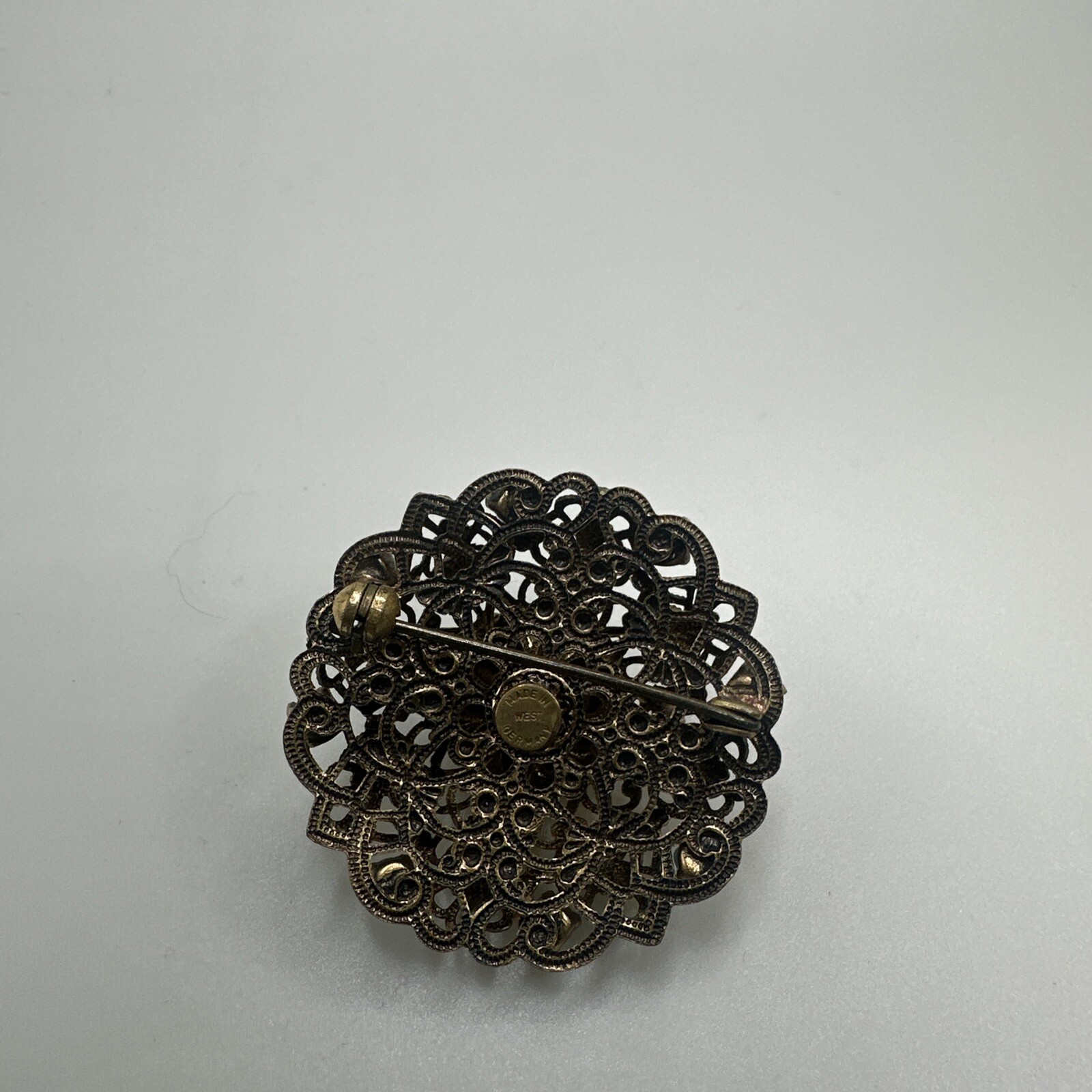 Vintage W Germany Turquoise Glass Cannetille Brooch Filigree Aqua Rhinestone Pin