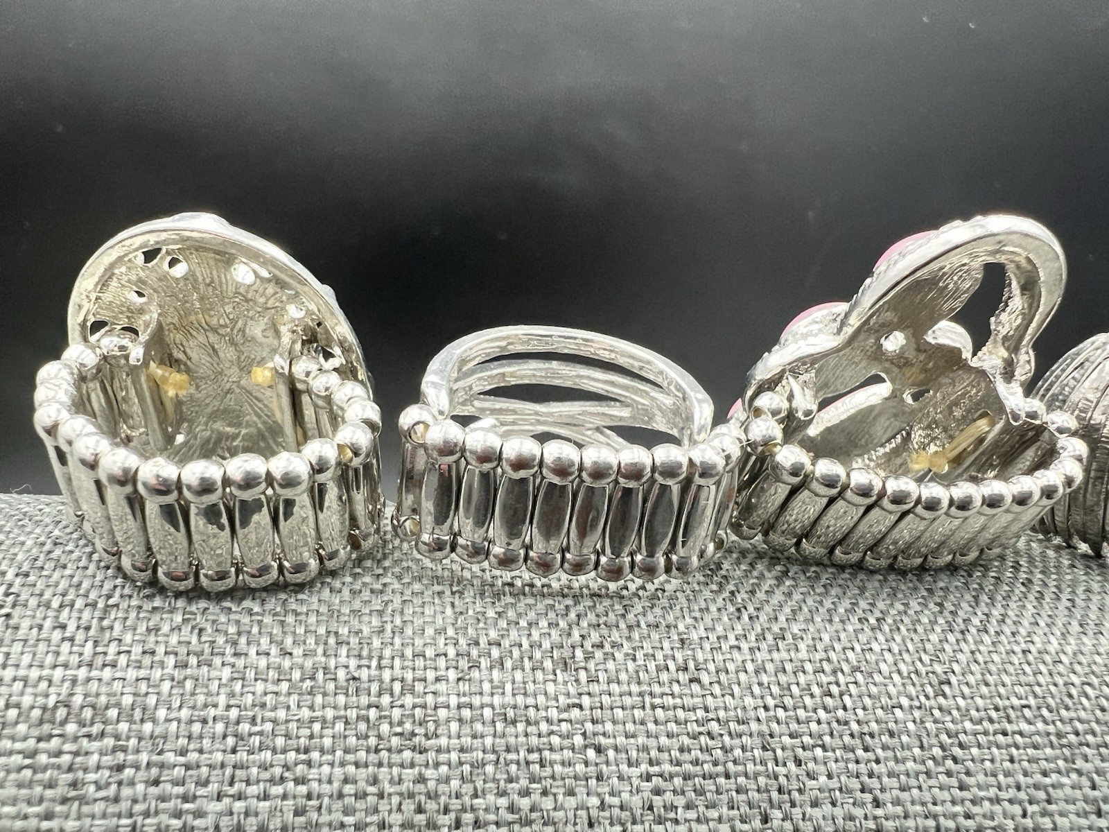 5 Vtg to Modern SilverTone Stretch Band Ring Lot Pink Purple Rhinestone One Size