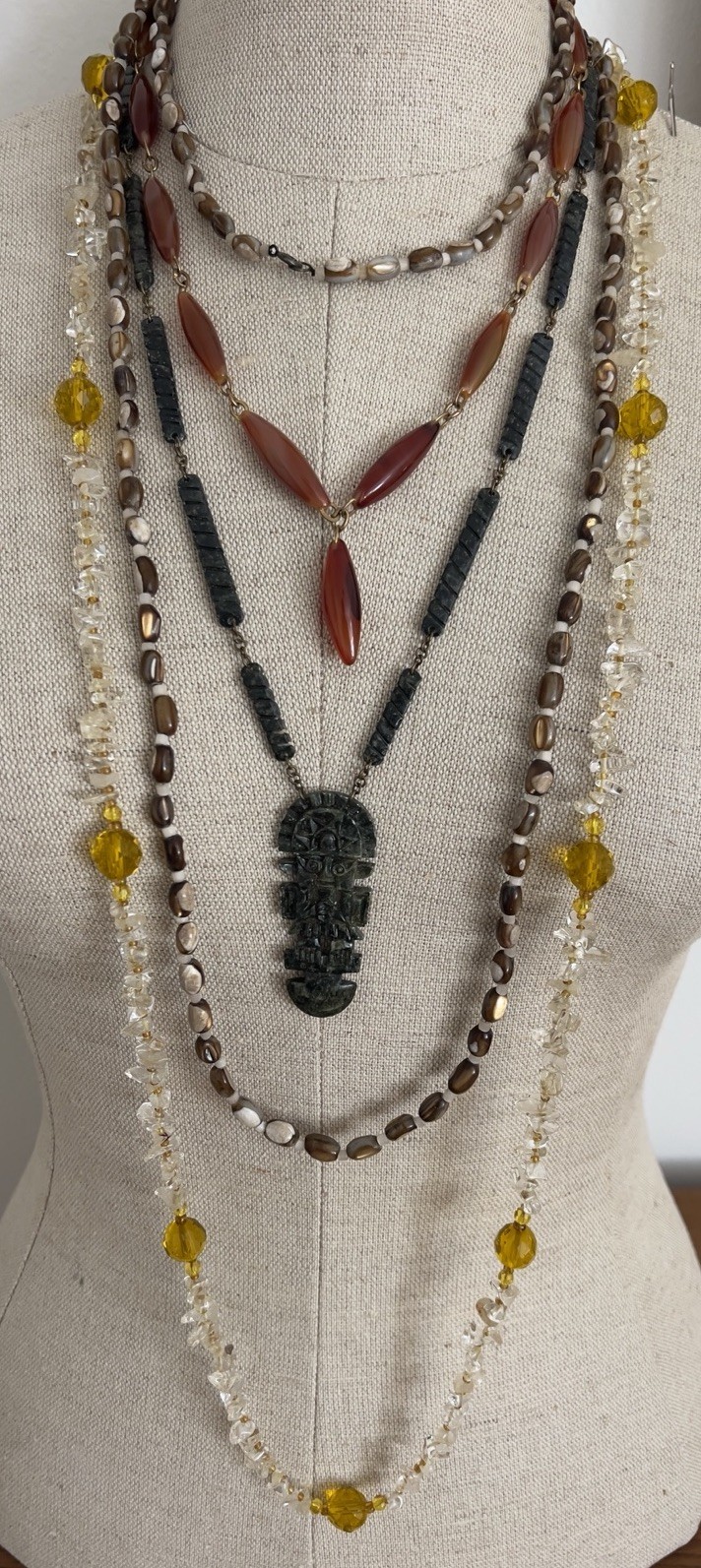 Vintage Lot – 4 Boho Necklaces: 20-48” – Moss Agate, Citrine, Trochus Shell Bead