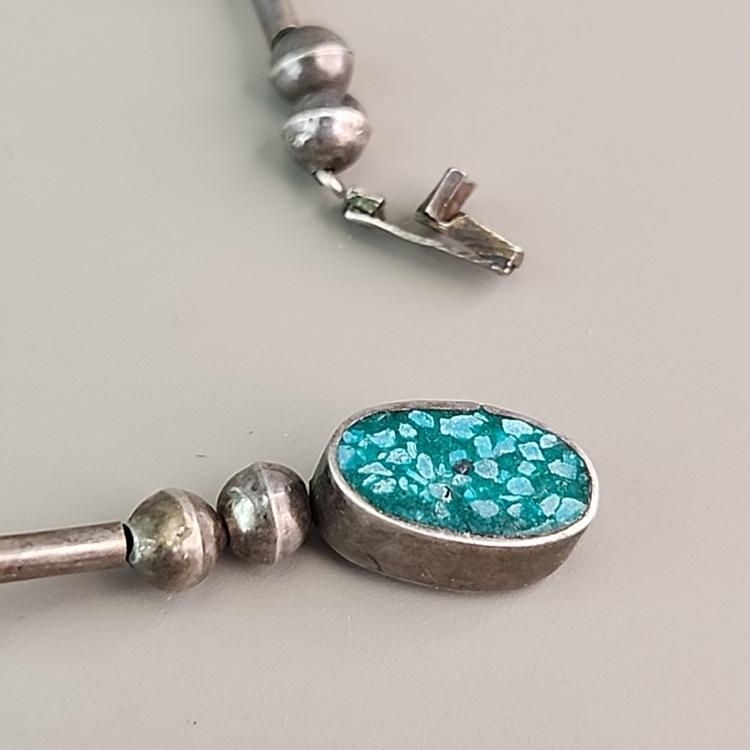 Vintage Mexican Necklace Sterling Silver Turquoise Chip Inlay Fringe Eagle 2
