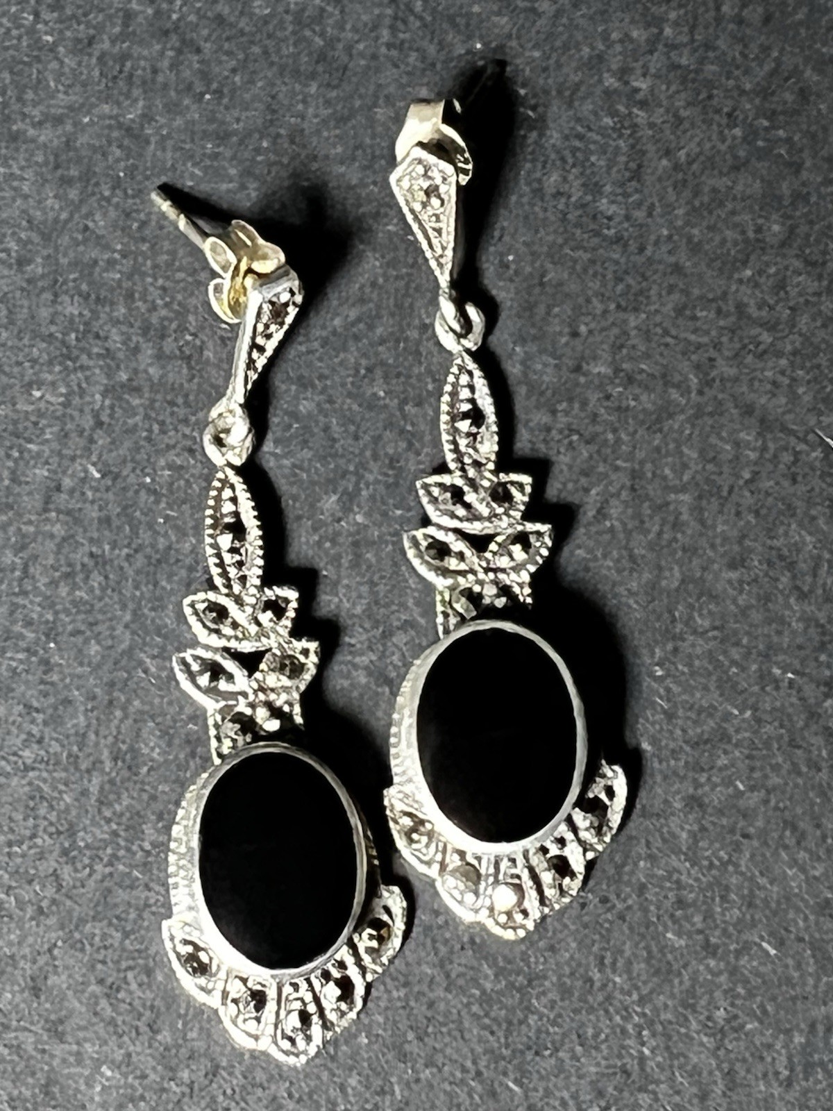 Vintage CW Marcasite Onyx Sterling Silver Drop Dangle Pierced Earrings