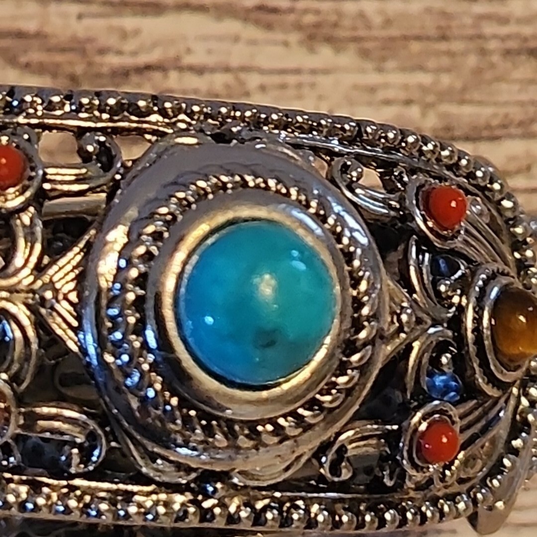 XL Graziano Bracelet Faux Turquoise and Red Bead Silvertone Stretch Band Vintage