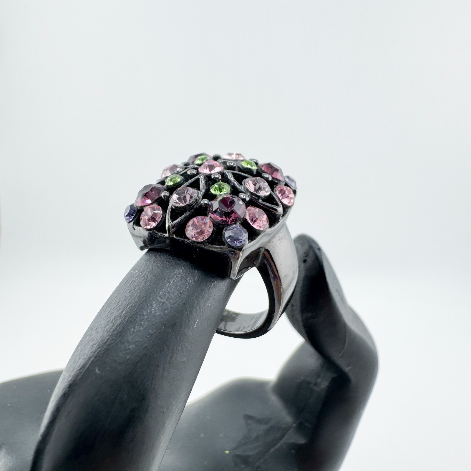 Vintage Black Gunmetal Rhinestone Ring Pink Green Purple Floral Cocktail Retro