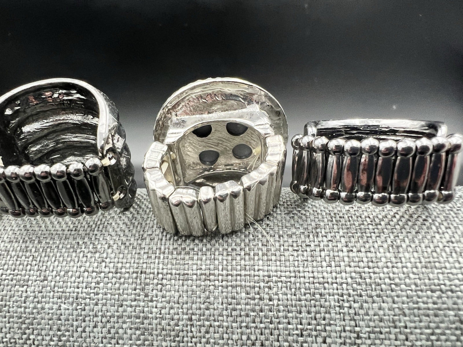 5 Vtg to Modern Silver Tone Stretch Band Ring Lot Black Blue Rhinestone One Size