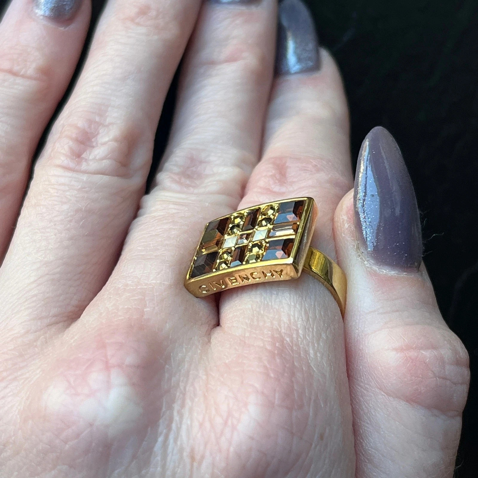 Vintage GIVENCHY Gold Tone Rectangular Ring with White and Amber Rhinestones